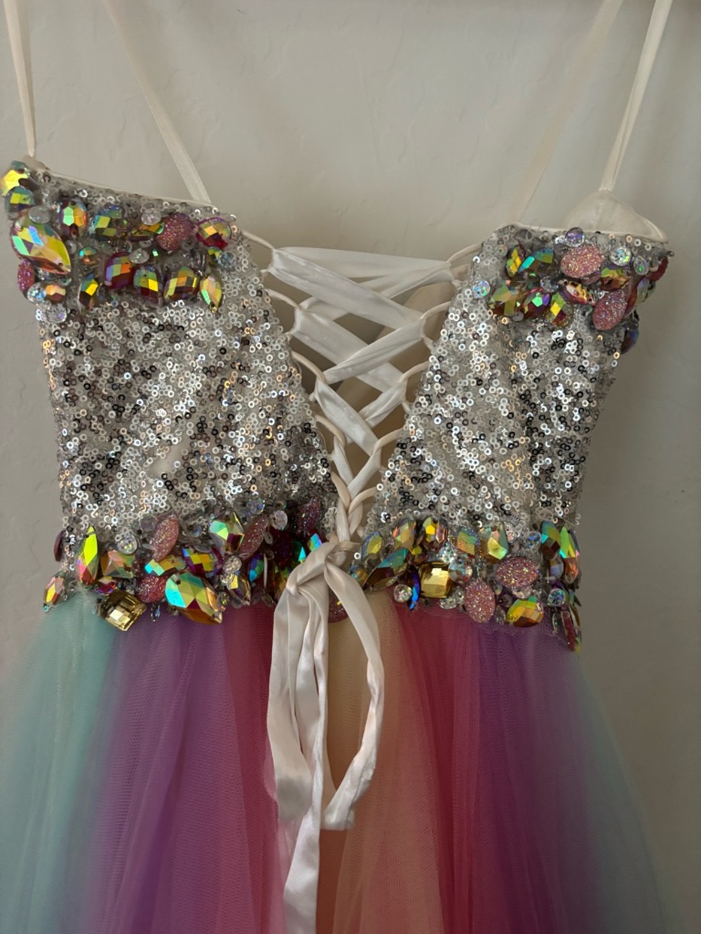 Mac Duggal Size 0 Pastel Rainbow Tulle Prom Gown Crystal Bodice - Picture 7 of 11